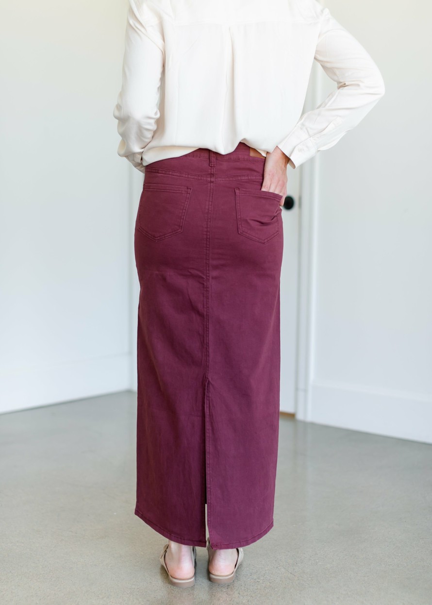 Clothing Inherit Sheer Dent Beauty Stella Burgundy Denim Maxi Skirt